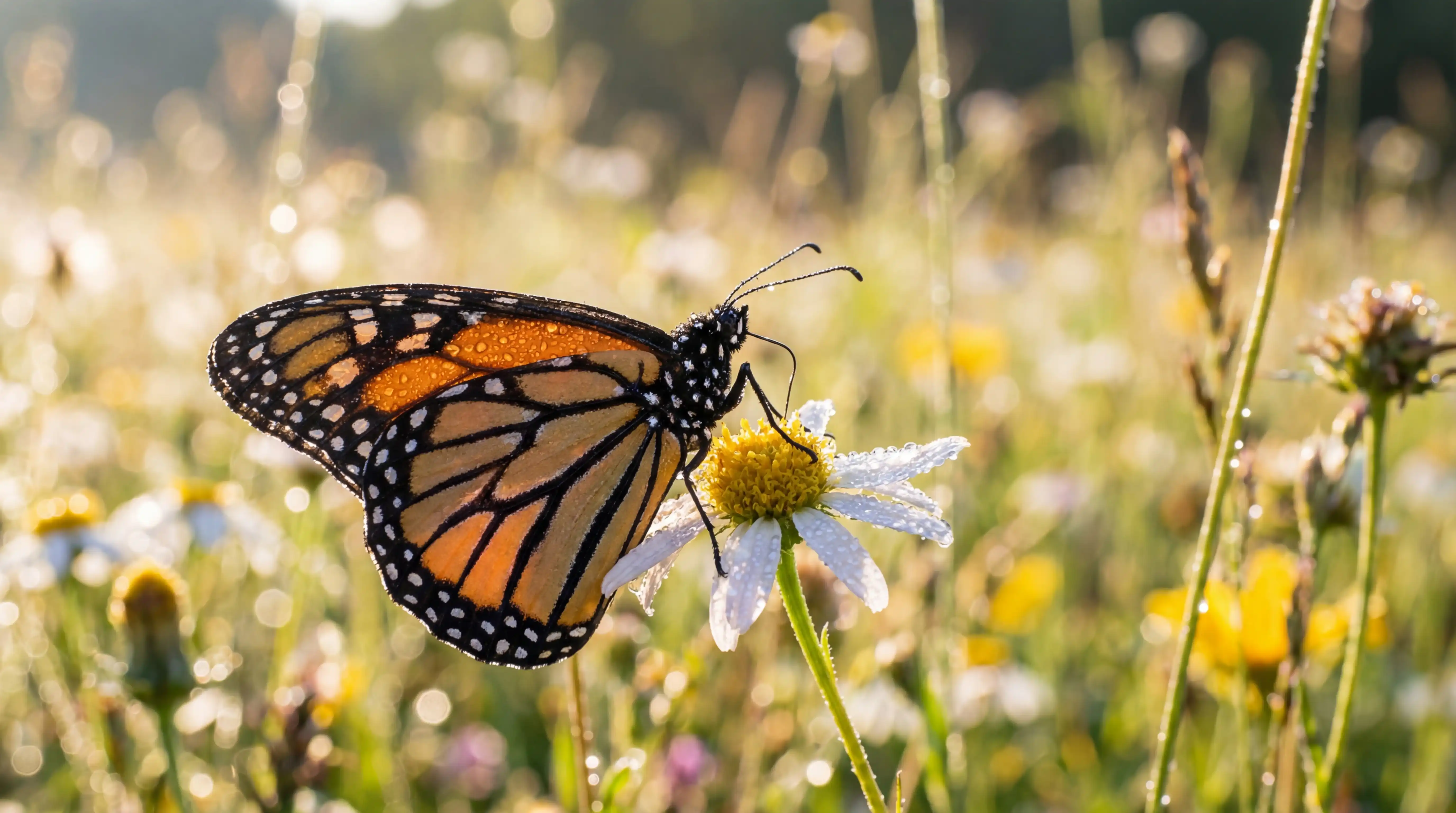 AI-generated output for: A detailed macro photograph of a monarch butterfly perched on a dewy wildflower, every wing scale visible, bokeh background of a sunlit meadow