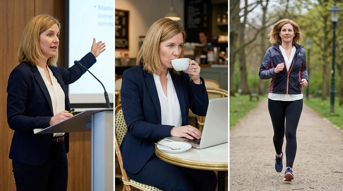 AI-generated output for: A series of scenes featuring the same business woman: first presenting at a conference, then working at a cafe, finally jogging in a park — same face, outfit style, and hairstyle across all three