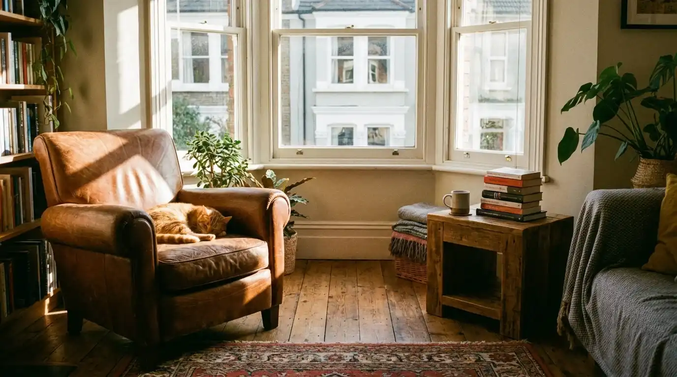 AI-generated output for: A cozy reading nook by a large window, a cat sleeping on the left armchair, a stack of books on the right side table, warm afternoon light casting long shadows across the wooden floor