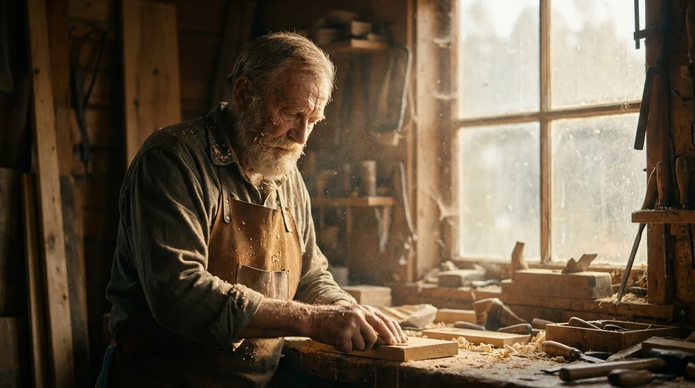AI-generated output for: A cinematic portrait of an elderly craftsman in his workshop, golden hour light streaming through dusty windows, rich wood textures, shallow depth of field