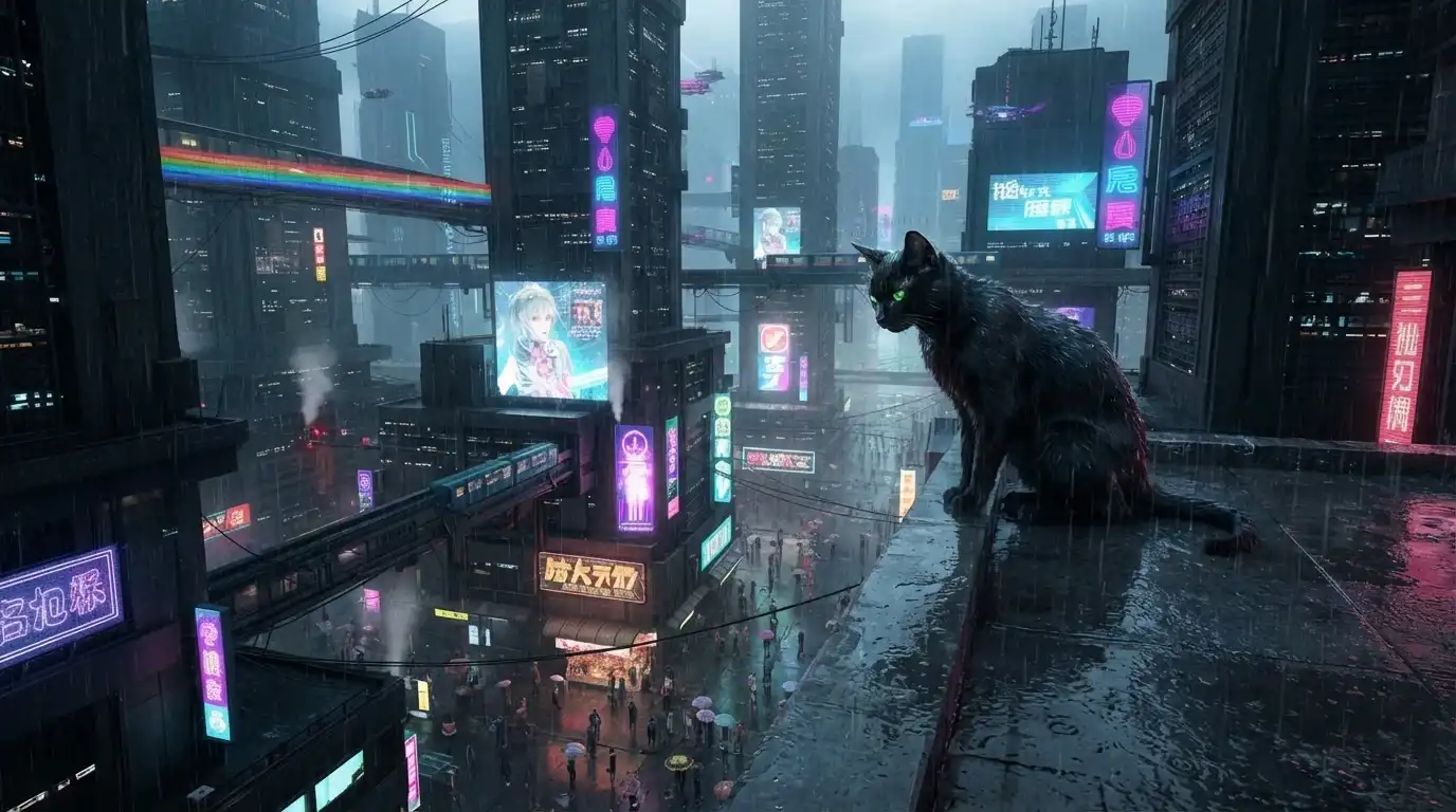 AI-generated output for: A cat sitting on a rooftop at night, in the style of the reference image