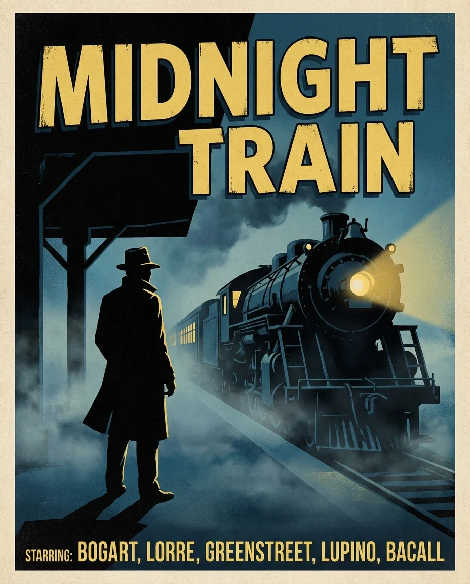 AI-generated output for: A vintage movie poster with the title 'MIDNIGHT TRAIN', cast names at the bottom, a silhouette of a man standing on a foggy train platform, bold retro typography