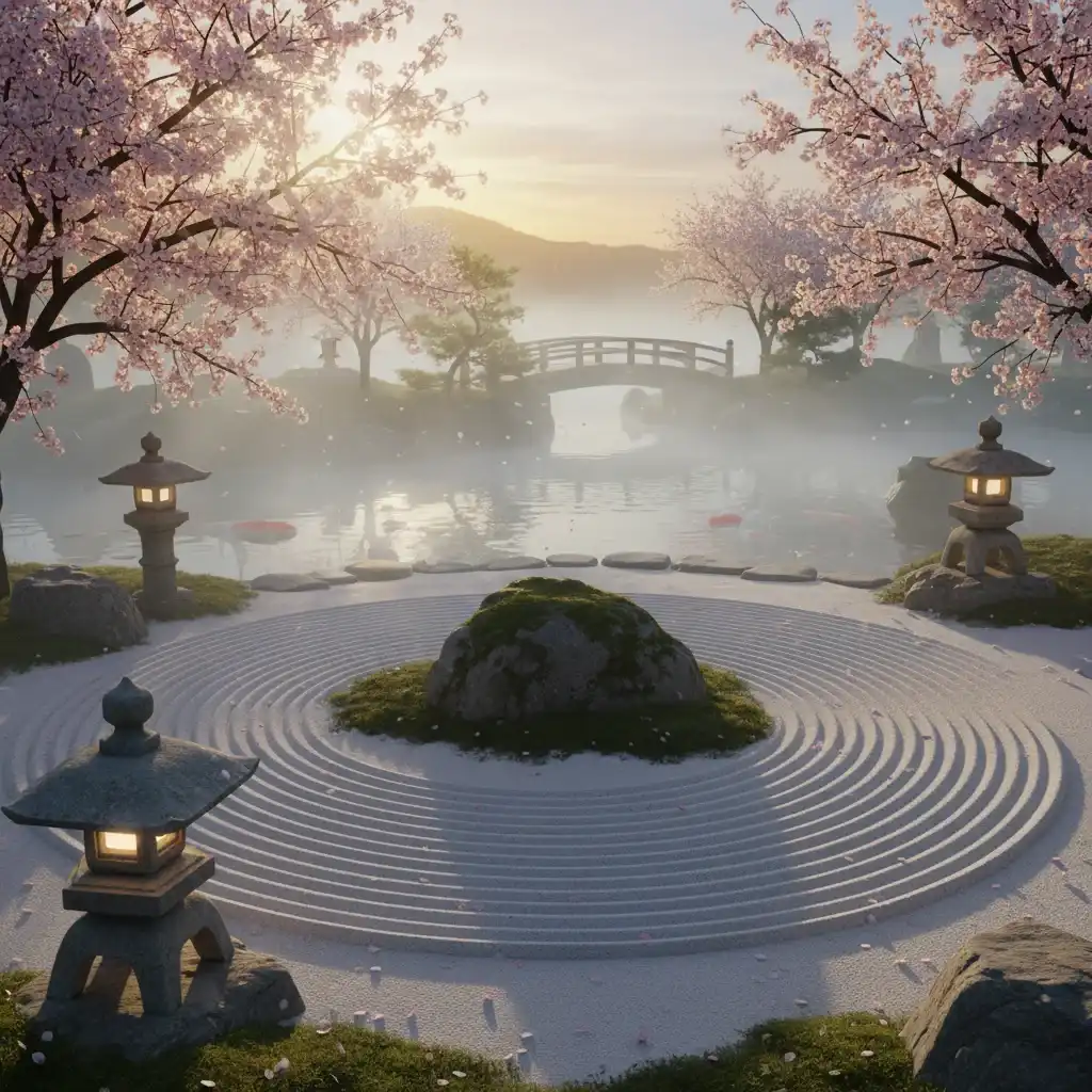 AI-generated output for: A serene Japanese zen garden at dawn, raked sand patterns forming perfect circles, weathered stone lanterns glowing softly, cherry blossom petals drifting in the breeze, morning mist over a koi pond