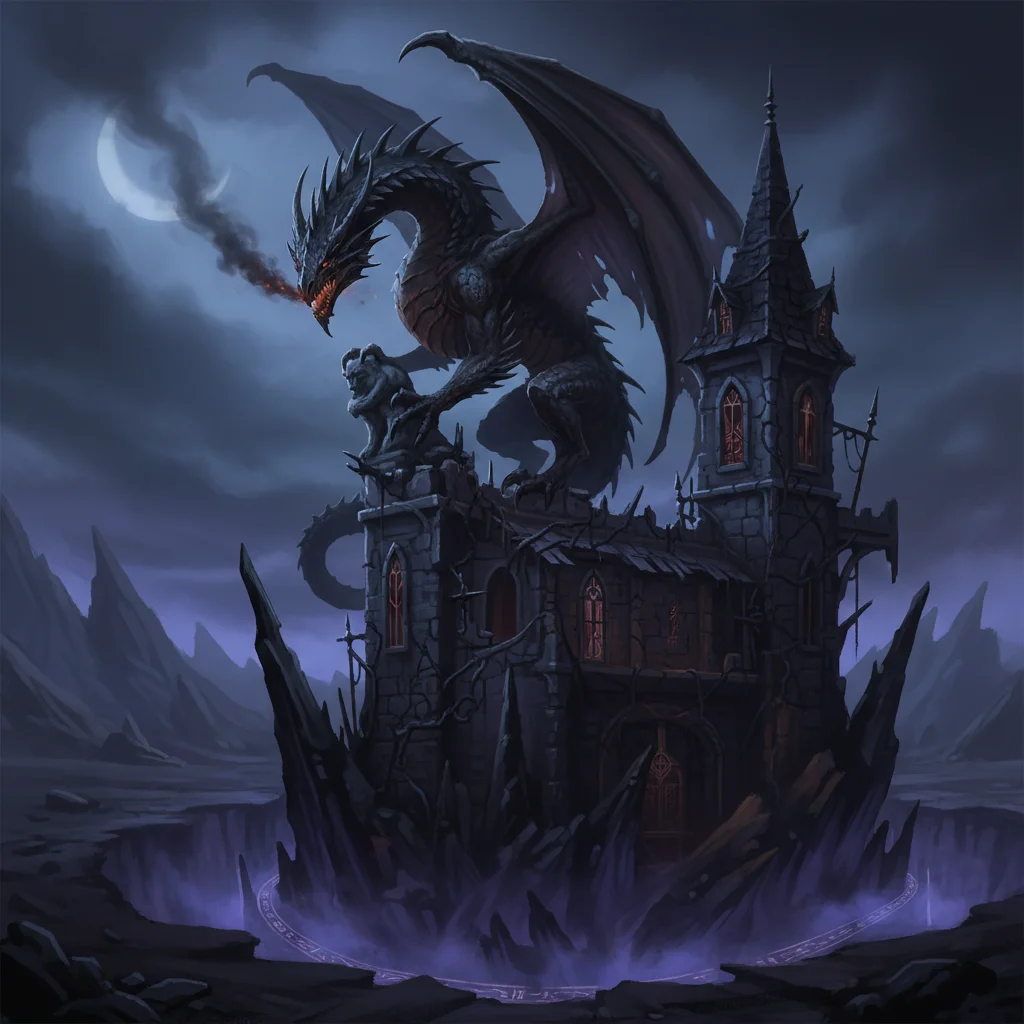 AI-generated output for: A dark fantasy concept art of a dragon perched on a castle