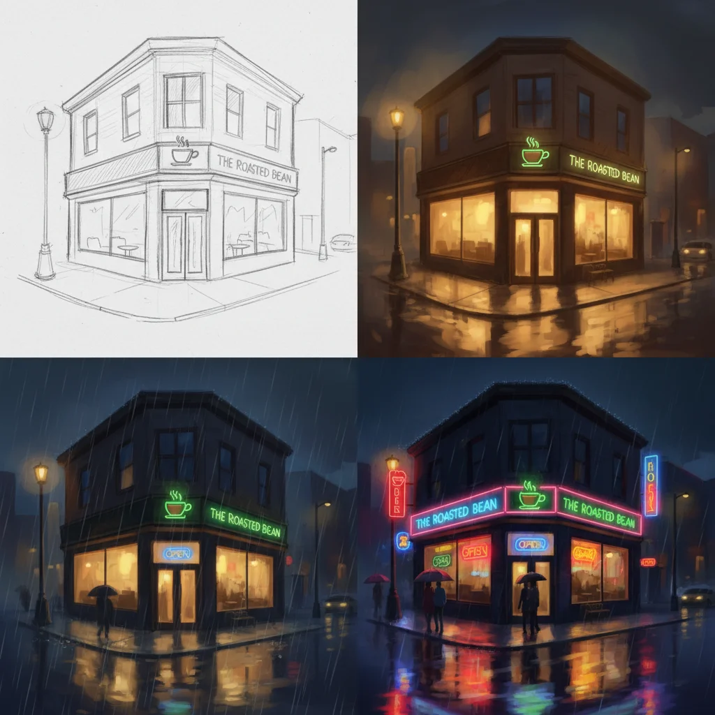 AI-generated output for: A 4-panel grid showing the same coffee shop scene evolving: panel 1 basic sketch, panel 2 added warm lighting, panel 3 changed to rainy evening mood, panel 4 final polished version with neon signs reflecting on wet pavement