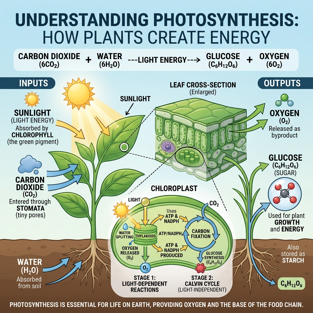 AI-generated output for: A clear educational infographic explaining photosynthesis