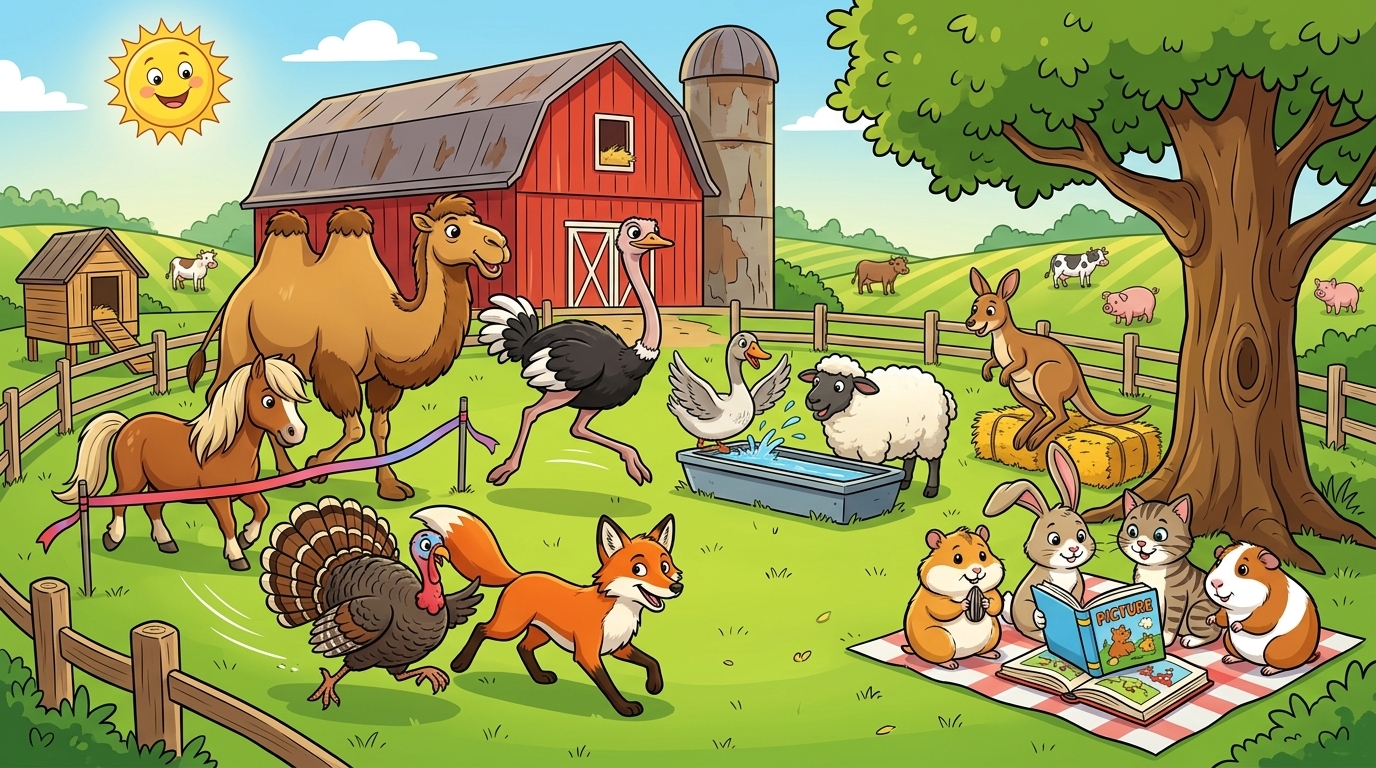 AI-generated output for: A fun cartoon farm scene with all the animals from the reference images playing together