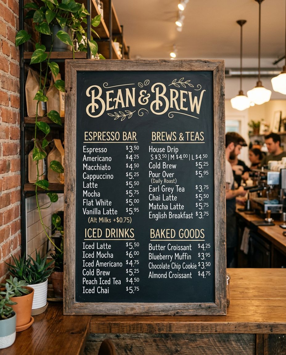 AI-generated output for: A stylish coffee shop chalkboard menu with the shop name "Bean & Brew", drink categories, item names and prices in clean handwritten typography