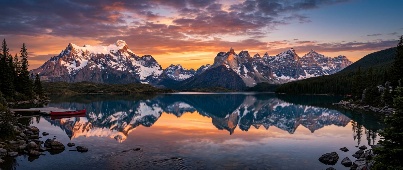 AI-generated output for: Panoramic sunset over a snow-capped mountain range with a crystal lake reflection, ultra-wide 21:9, 4K, photorealistic