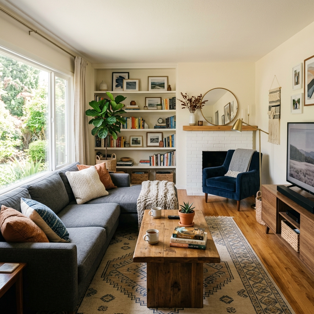 Original reference image for: Change it to a cozy Christmas theme with a decorated tree, warm fireplace, and snow outside the window