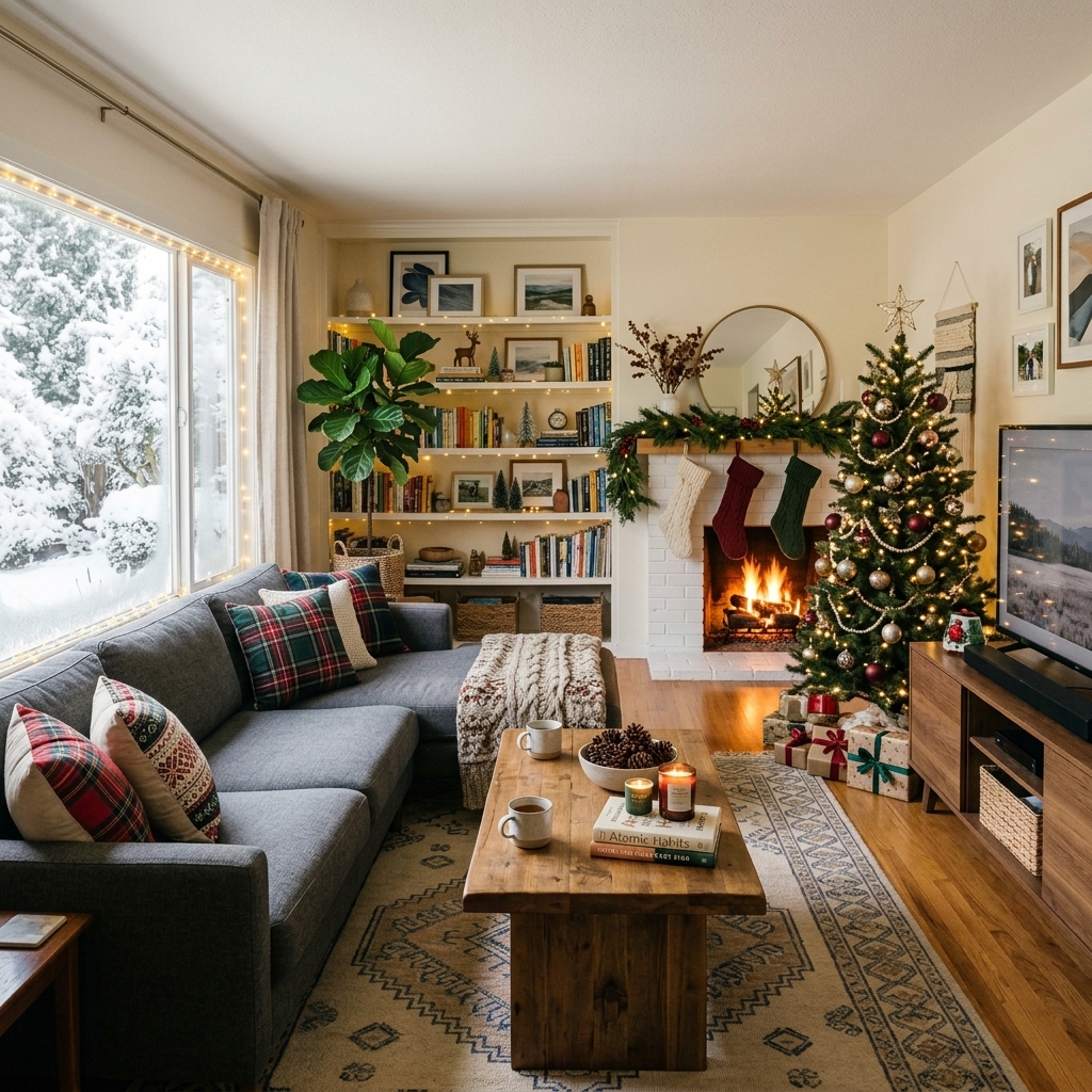 AI-generated output for: Change it to a cozy Christmas theme with a decorated tree, warm fireplace, and snow outside the window